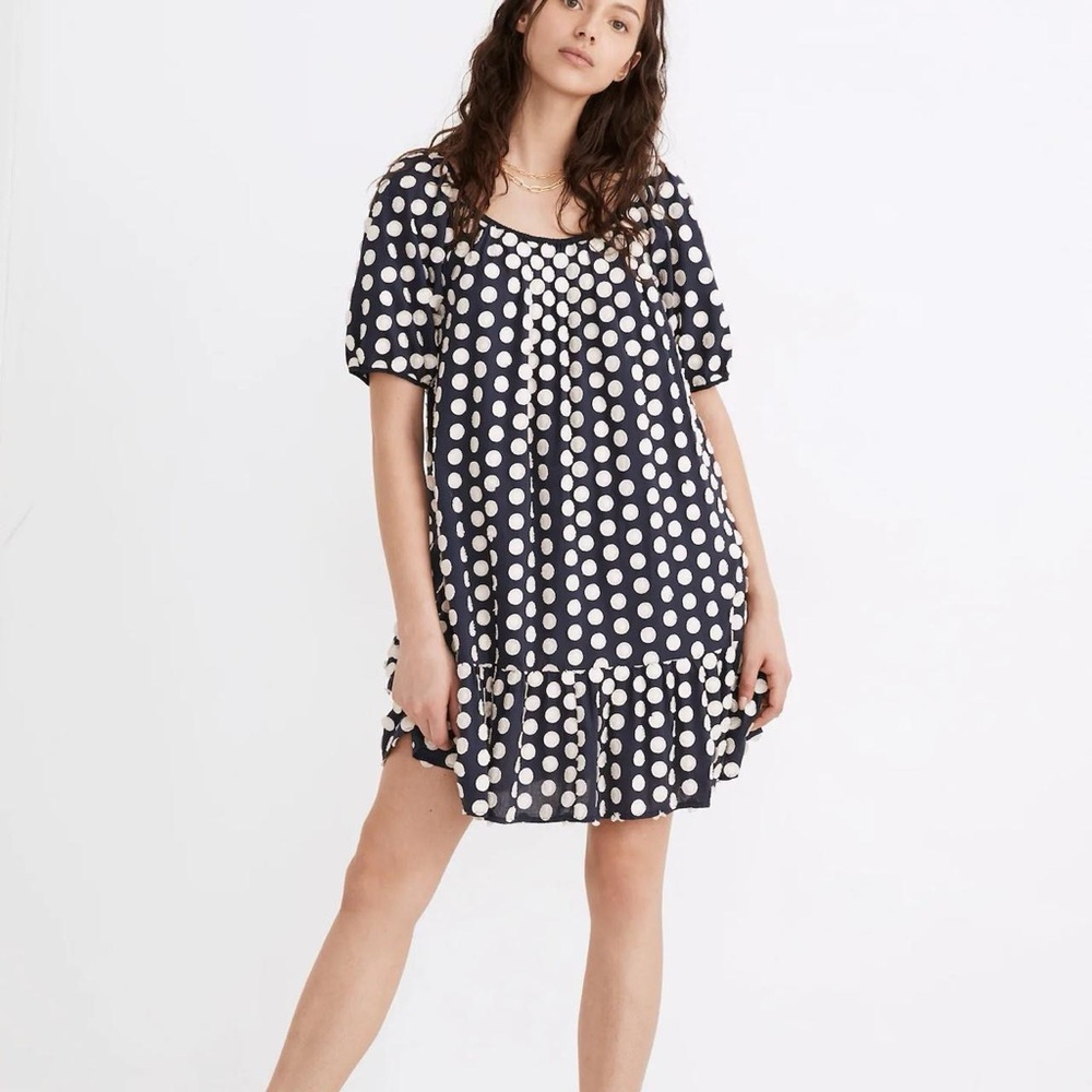 Madewell Shirred Ruffle-Hem Mini Dress in Textural Dot - S